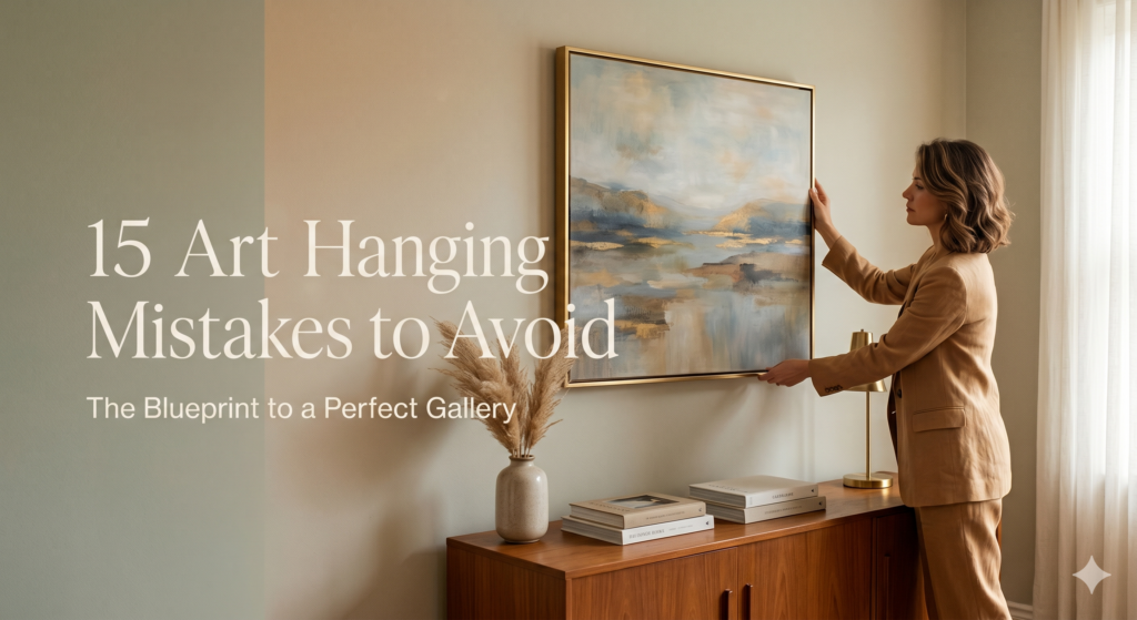 Home and Art Magazine Article Hero: Female Curator Hanging Abstract Painting