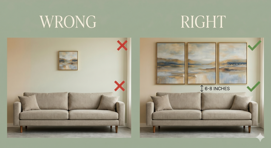Art Hanging Comparison: Scale, Proportion, and Height (Wrong vs. Right)