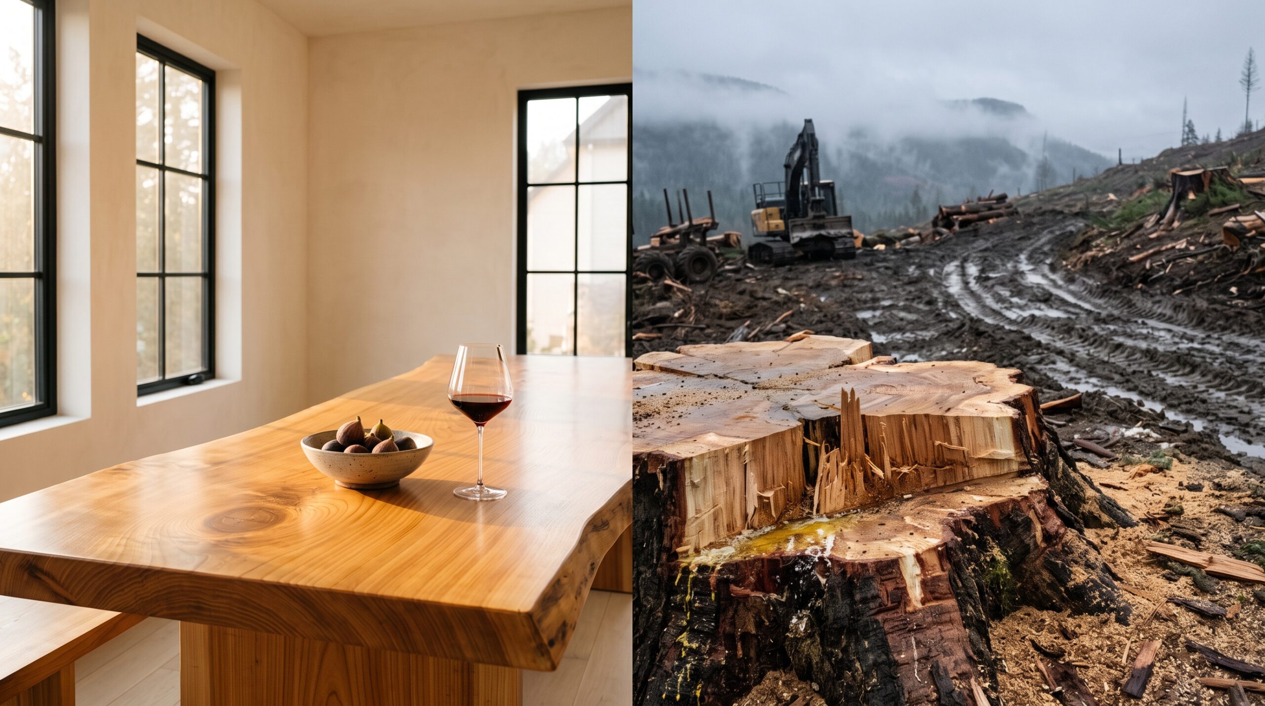 Blood Timber diptych comparing luxury dining room table to clear-cut stump
